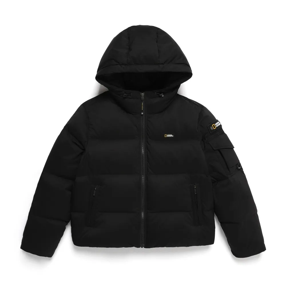 (HUNGARIAN GOOSE DOWN) WOMEN'S GOLDEN MOLE CROPPED HOODIE DOWN JACKET CARBON BLACK