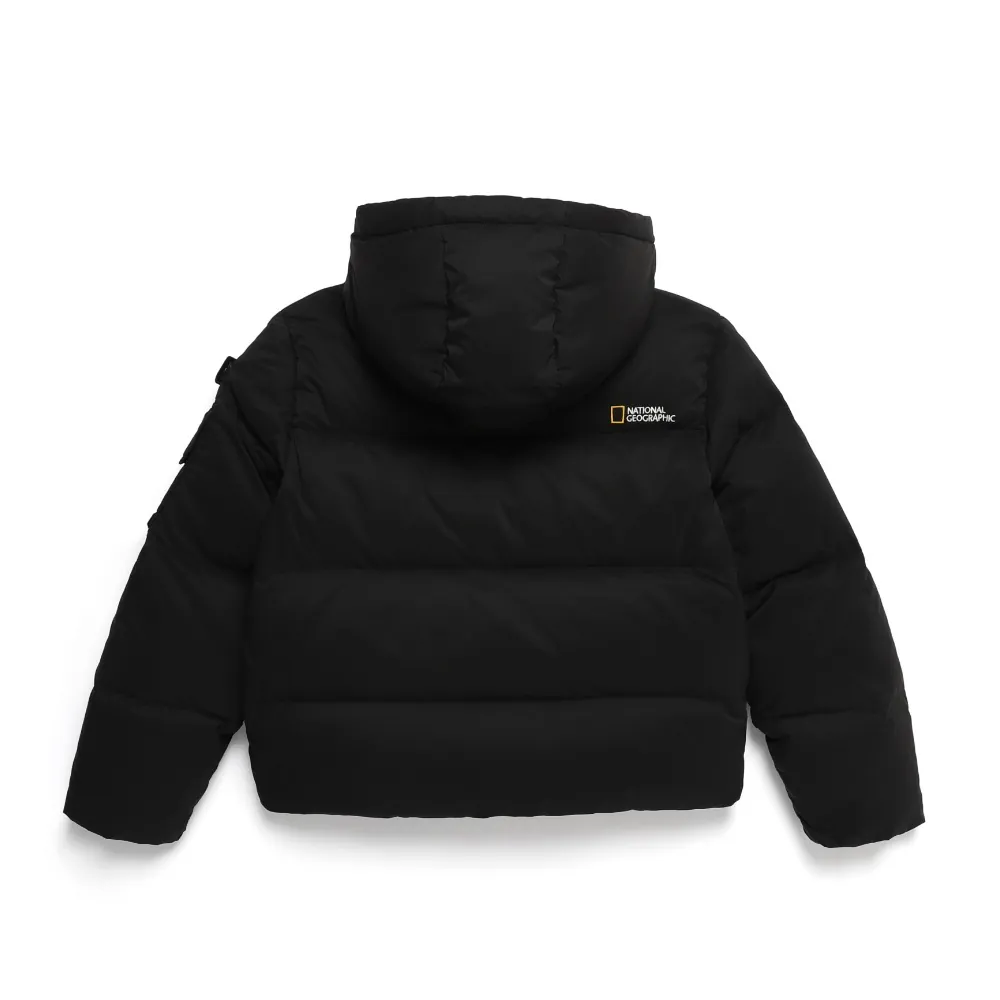 (HUNGARIAN GOOSE DOWN) WOMEN'S GOLDEN MOLE CROPPED HOODIE DOWN JACKET CARBON BLACK