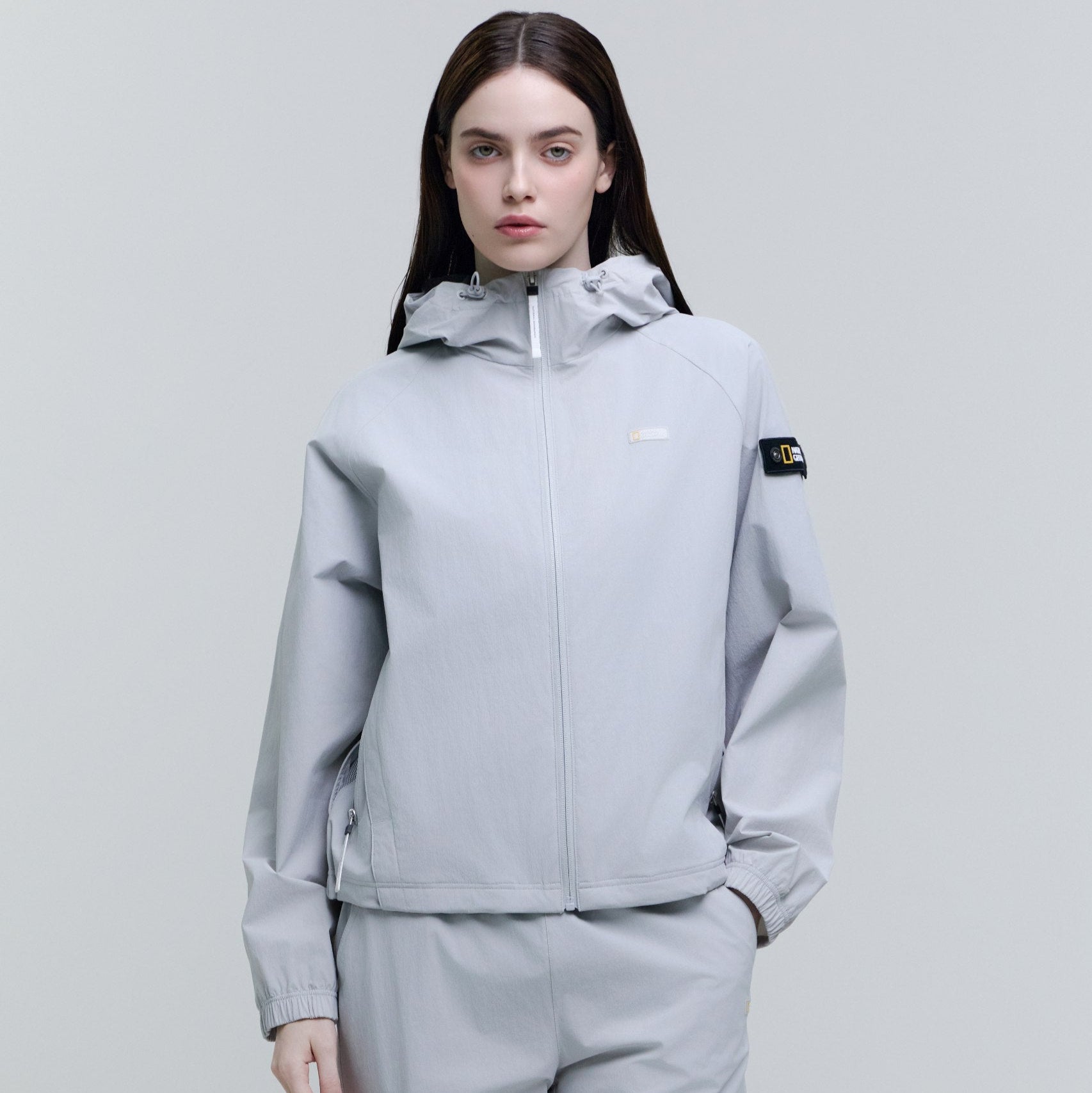 WOMEN ADELIE LIGHT WOVEN STRETCH FULL ZIP UP HOODIE JUMPER SILVER GREY