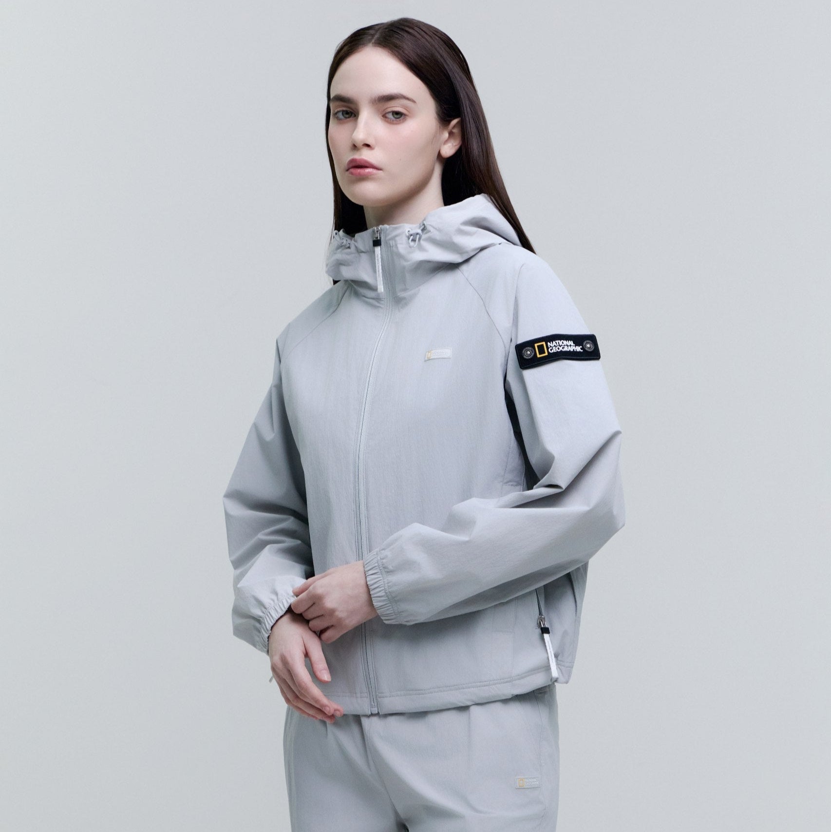 WOMEN ADELIE LIGHT WOVEN STRETCH FULL ZIP UP HOODIE JUMPER SILVER GREY