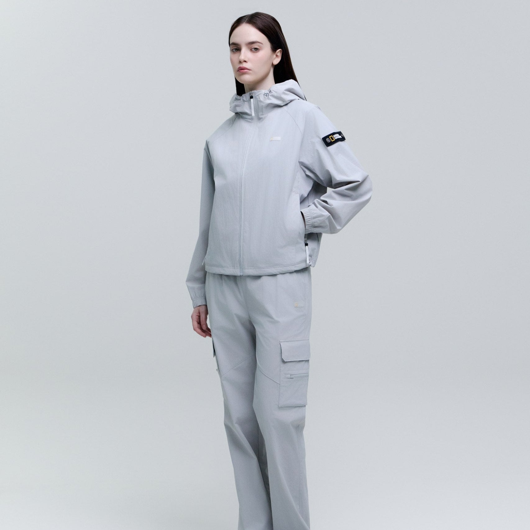 WOMEN ADELIE LIGHT WOVEN STRETCH FULL ZIP UP HOODIE JUMPER SILVER GREY