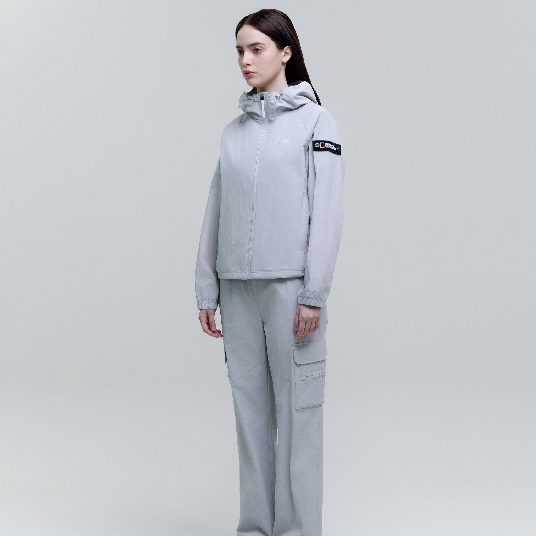 WOMEN ADELIE LIGHT WOVEN STRETCH FULL ZIP UP HOODIE JUMPER SILVER GREY