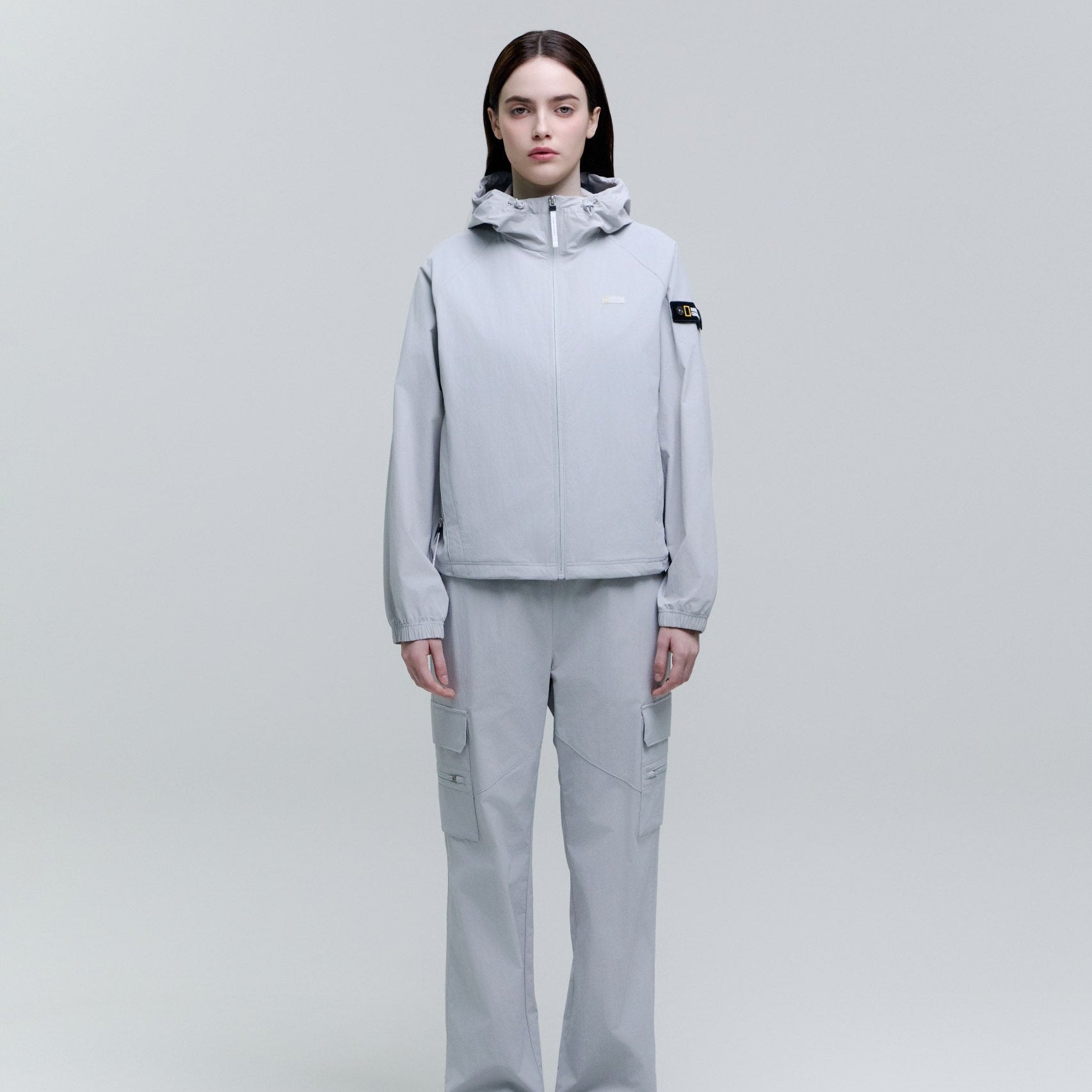 WOMEN ADELIE LIGHT WOVEN STRETCH FULL ZIP UP HOODIE JUMPER SILVER GREY