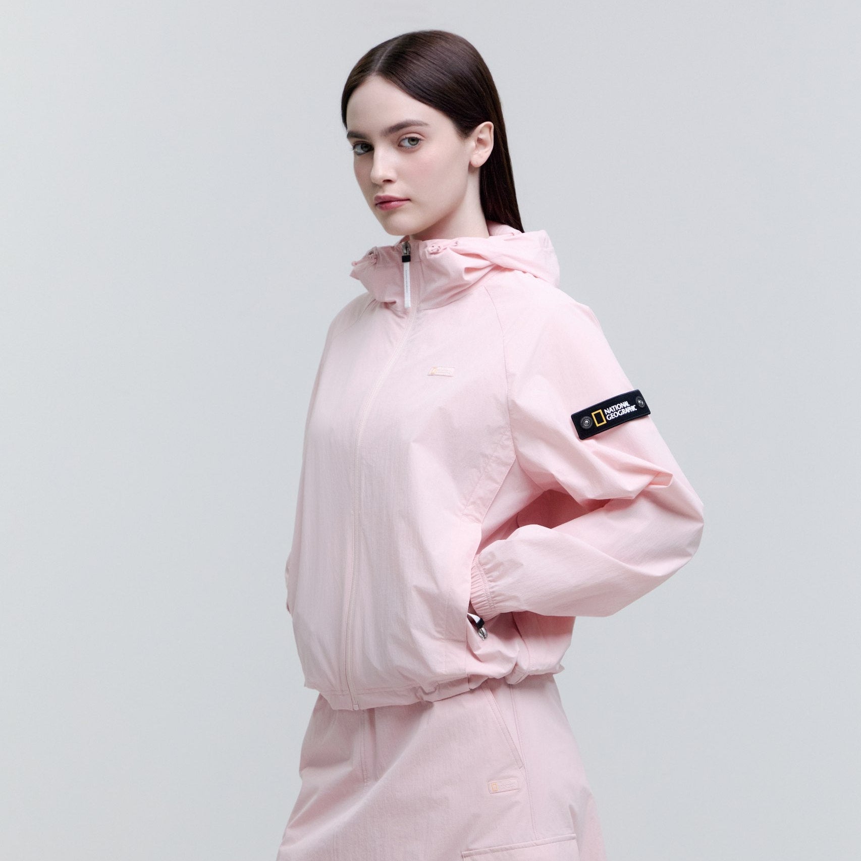 WOMEN ADELIE LIGHT WOVEN STRETCH FULL ZIP UP HOODIE JUMPER L/PINK
