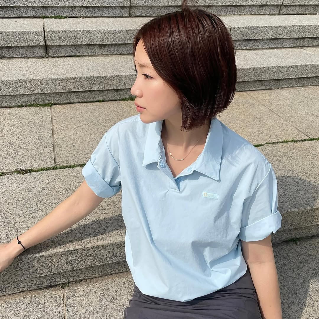 WOMEN ADELIE LGIHT WOVEN STRETCH COLLAR T-SHIRT L/BLUE
