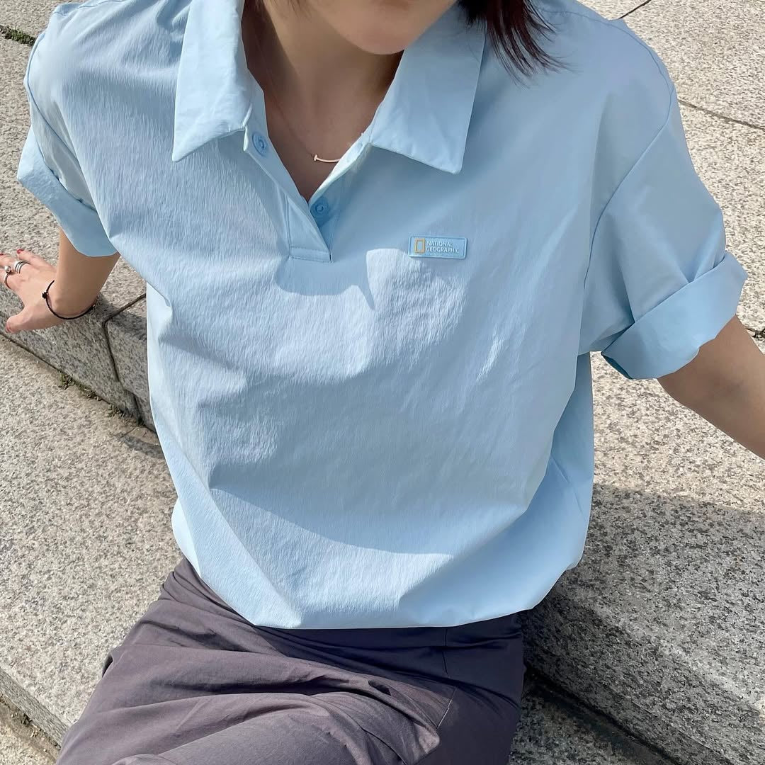 WOMEN ADELIE LGIHT WOVEN STRETCH COLLAR T-SHIRT L/BLUE