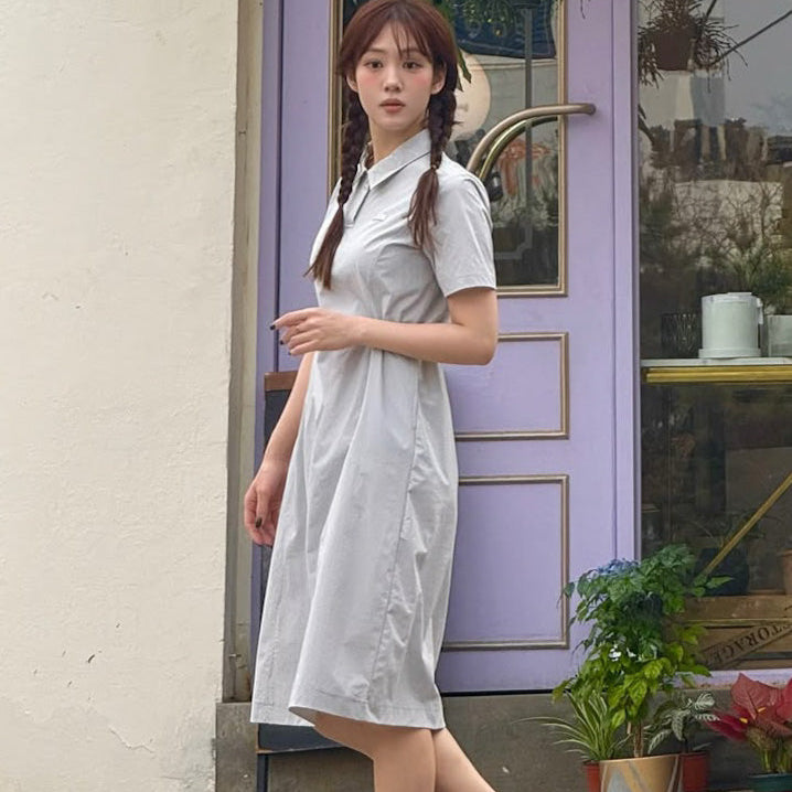 WOMEN ADELIE LIGHT WOVEN STRETCH COLLAR DRESS SILVER GREY