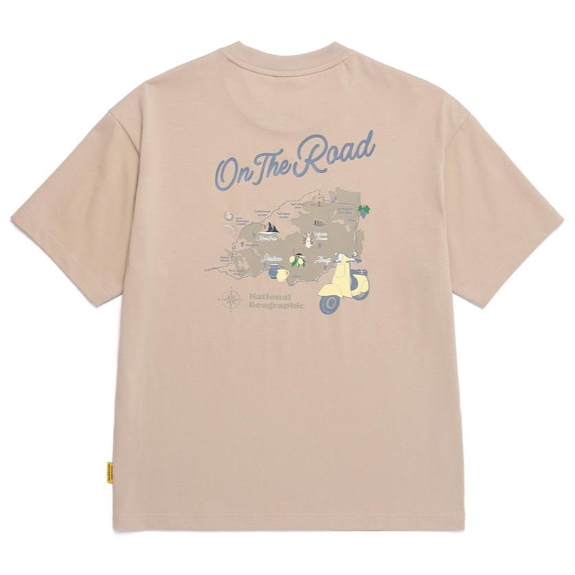 REGEN ASKIN ON THE ROAD GRAPHIC SEMI OVER FIT SHORT SLEEVE T-SHIRT SAND BEIGE