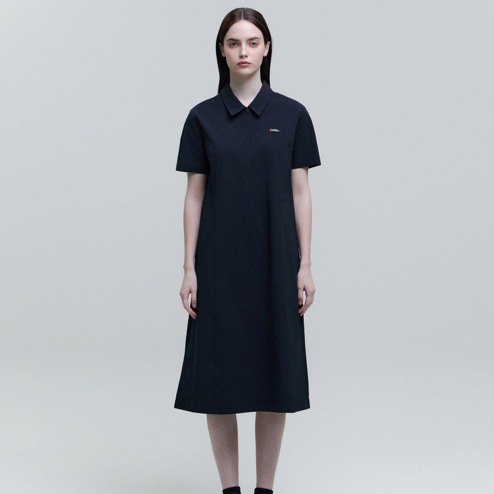 WOMEN ADELIE LIGHT WOVEN STRETCH COLLAR DRESS CARBON BLACK