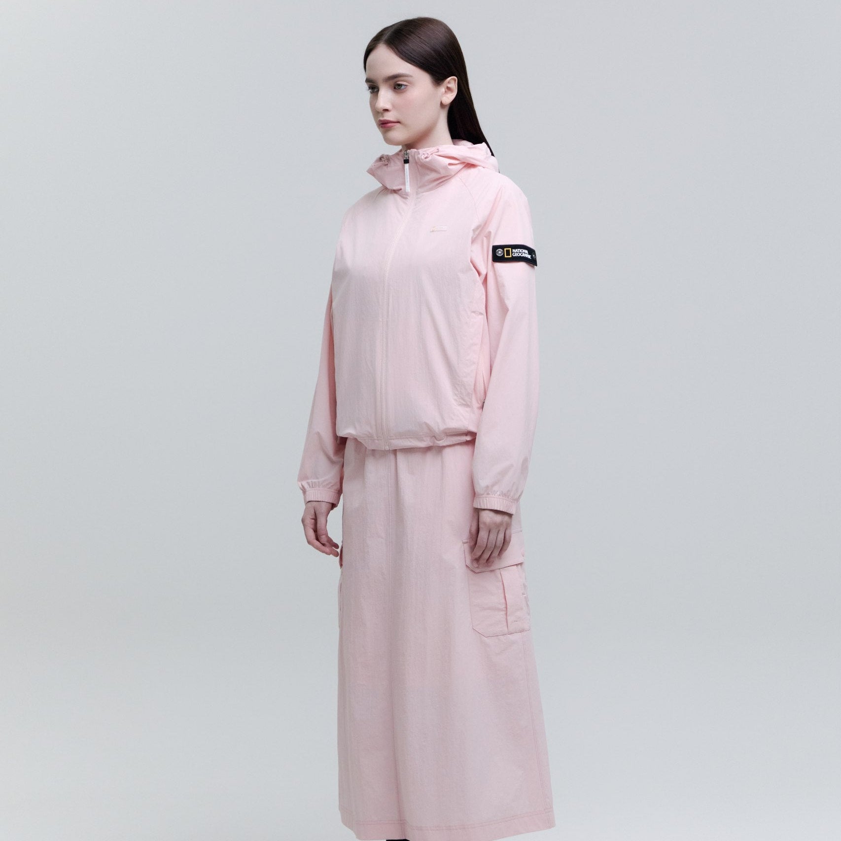 WOMEN ADELIE LIGHT WOVEN STRETCH FULL ZIP UP HOODIE JUMPER L/PINK
